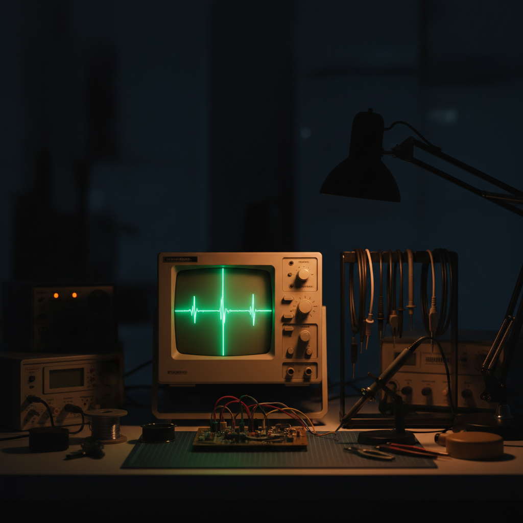 Engineer's test bench with an oscilloscope, probes and a circuit board under measurement