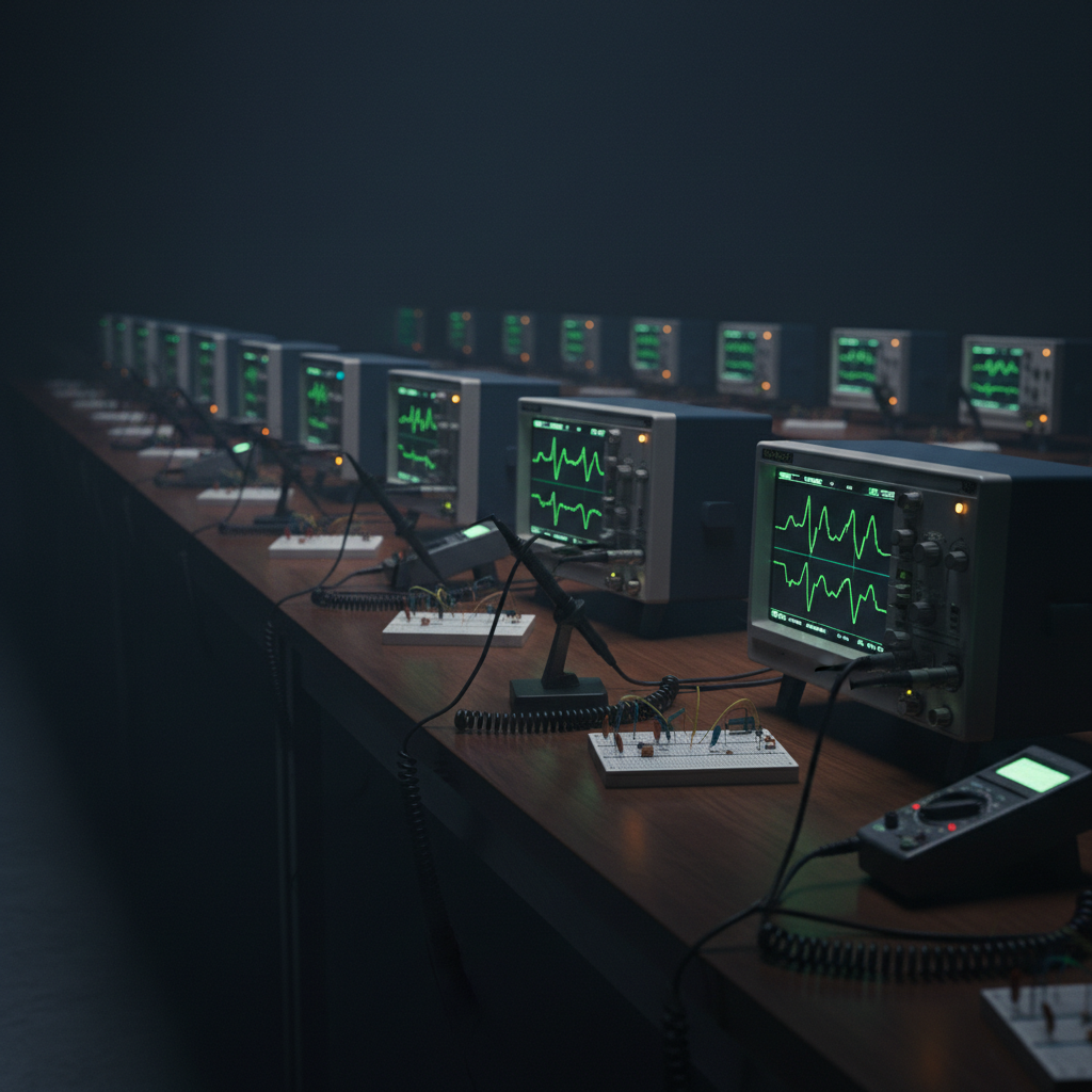 University electronics teaching lab bench with oscilloscopes and probes