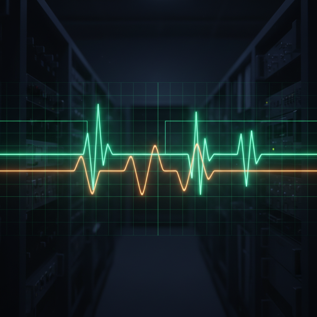 Abstract glowing green waveform representing signal fidelity through an oscilloscope probe