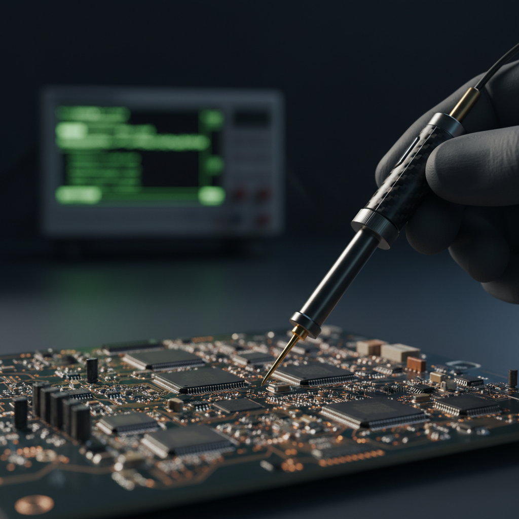Active oscilloscope probe with amplifier head near a circuit board