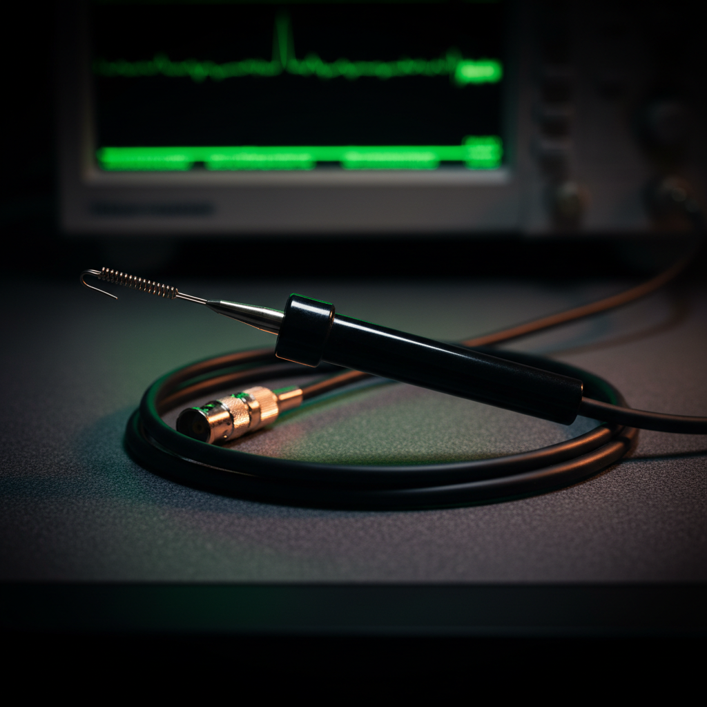 Passive x10 oscilloscope probe with cable coiled on a dark bench